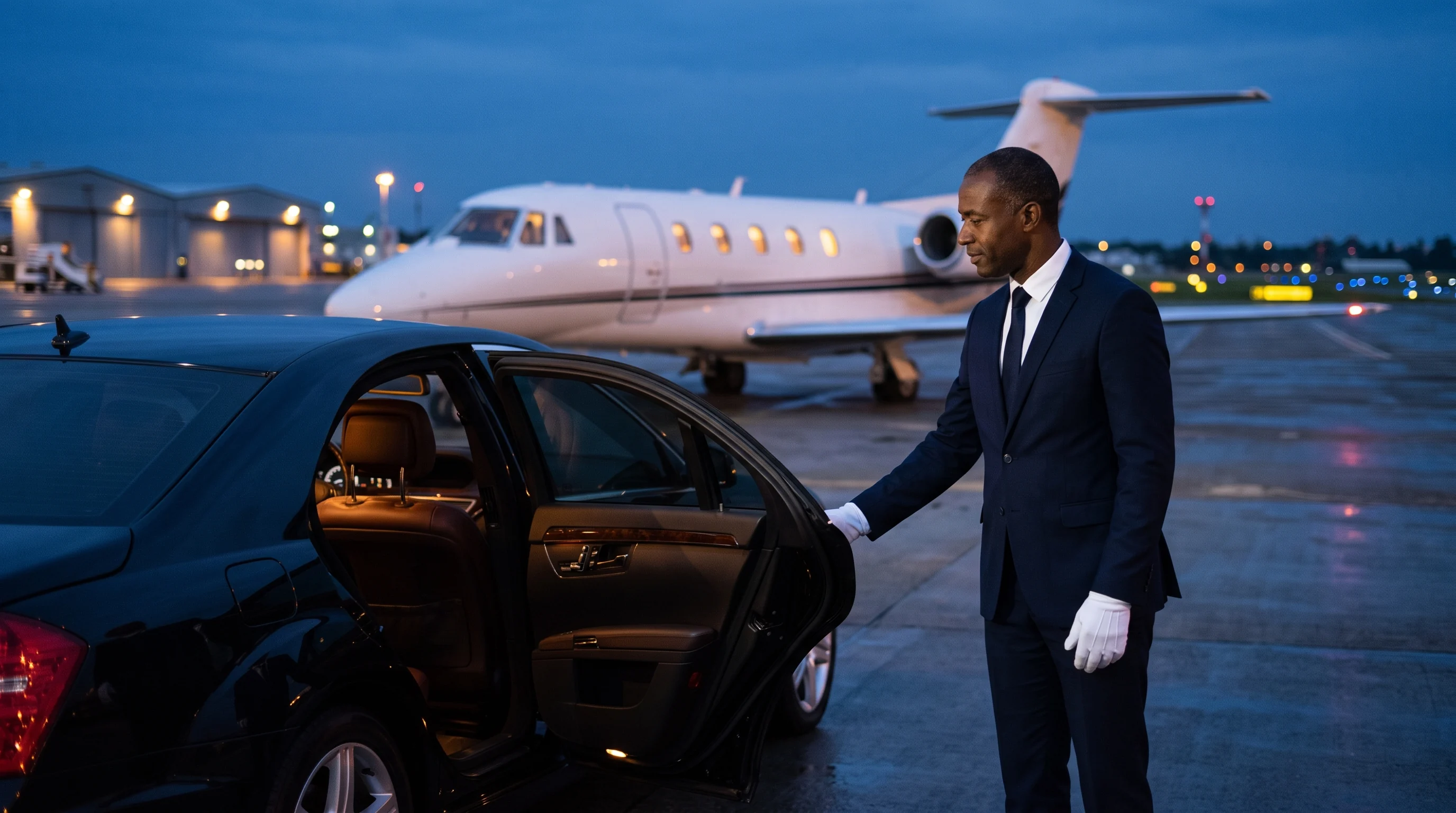 Chauffeur ouvrant la portière d'une berline au pied d'un jet privé, à l'heure bleue