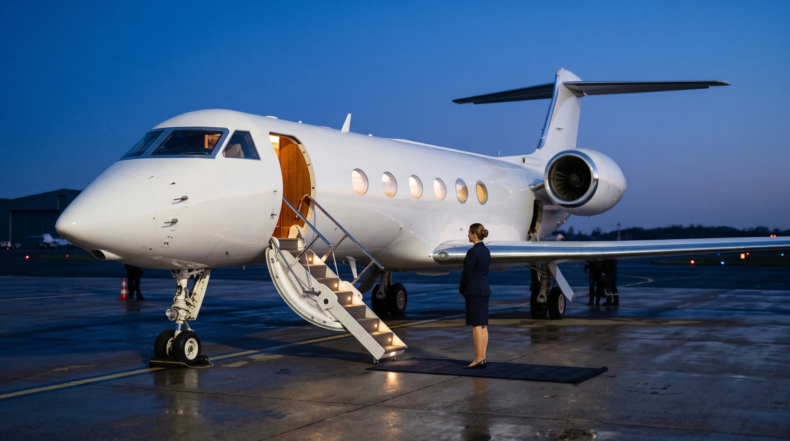 Jet privé à l'heure bleue, équipage au pied de l'escalier